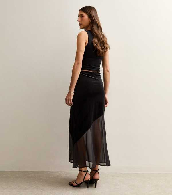 New Look Black Chiffon And Velvet Midi Skirt
