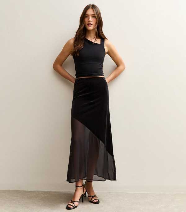 new look Black Chiffon and Velvet Midi Skirt