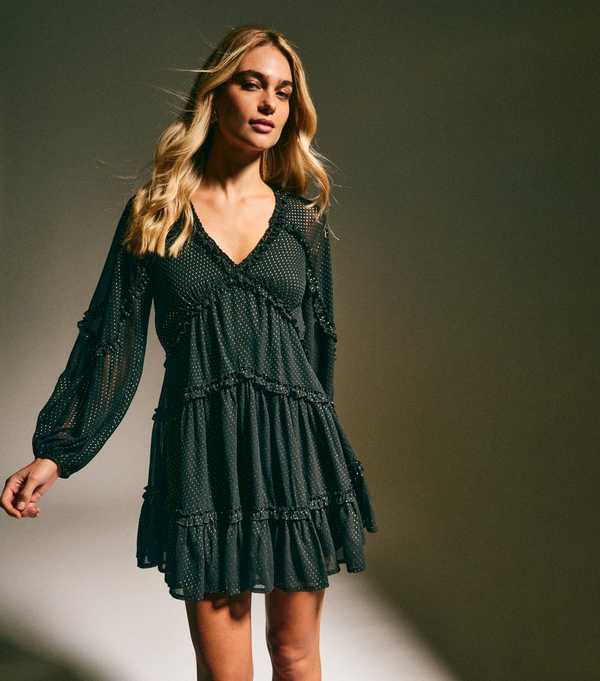 New Look Black Chiffon Gold Fleck Mini Dress