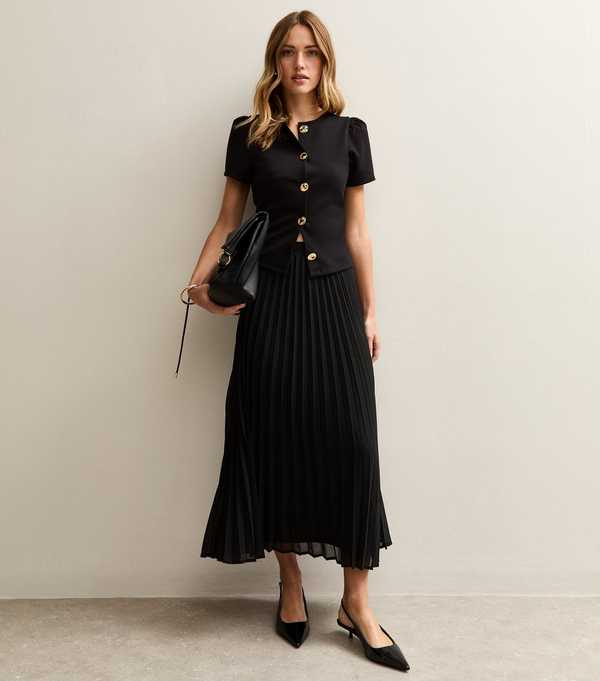 New Look Black Chiffon Pleated Midi Skirt