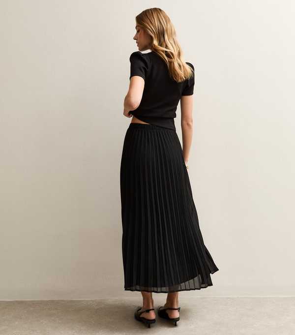 New Look Black Chiffon Pleated Midi Skirt