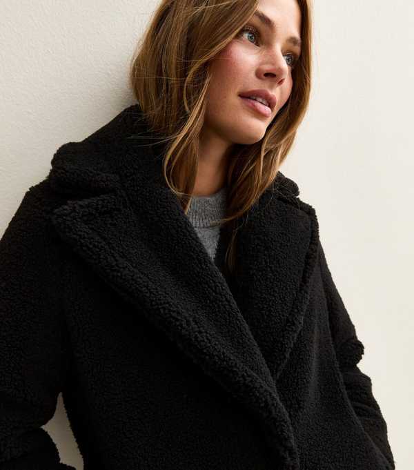 New Look Black Collared Long Sleeve Borg Coat