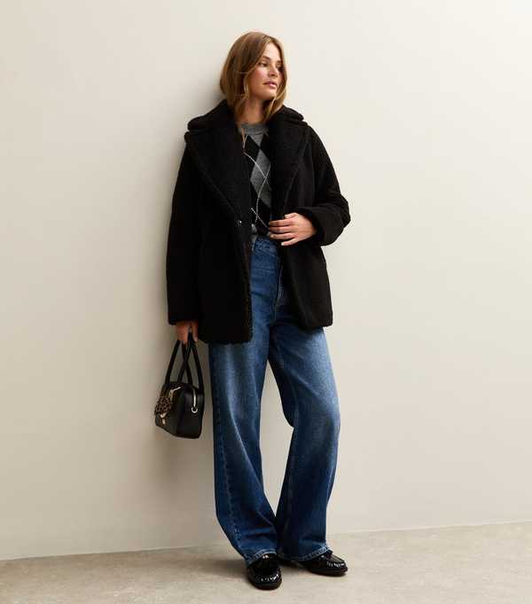 New Look Black Collared Long Sleeve Borg Coat