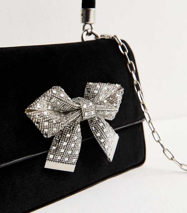New Look Black Diamante Bow Top Handle Bag