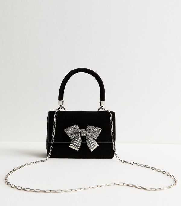 new look Black Diamante Bow Top Handle Bag