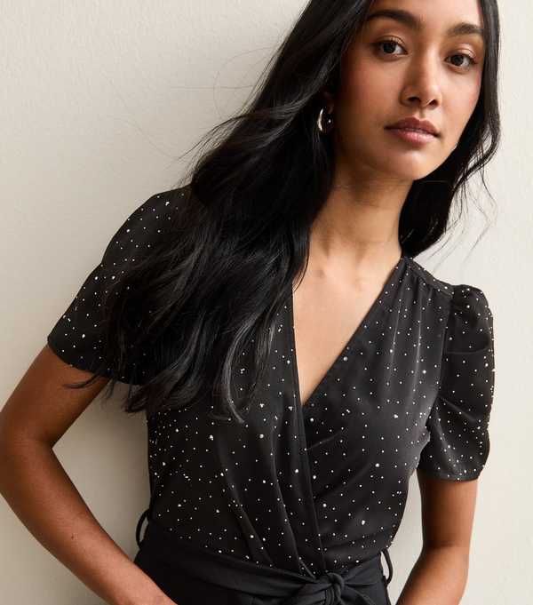 New Look Black Diamante Embellished Wrap Jumpsuit