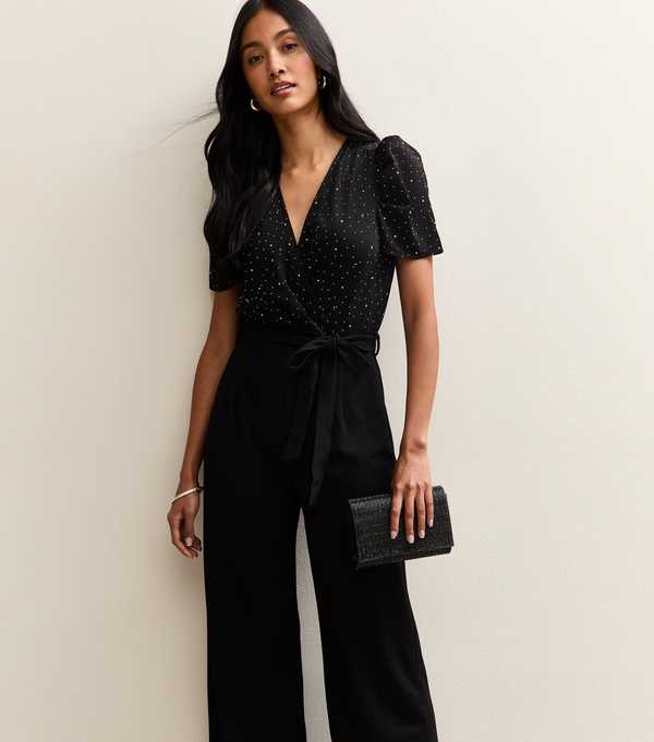 New Look Black Diamante Embellished Wrap Jumpsuit
