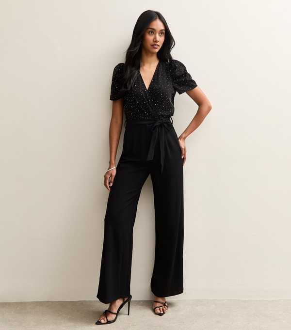 new look Black Diamante Embellished Wrap Jumpsuit