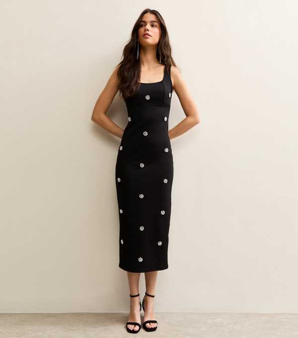 New Look Black Diamante Flower Midi Dress