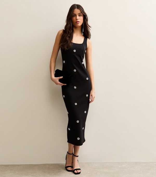 new look Black Diamante Flower Midi Dress