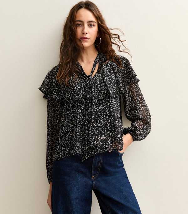 New Look Black Ditsy Floral Print Tie Neck Blouse