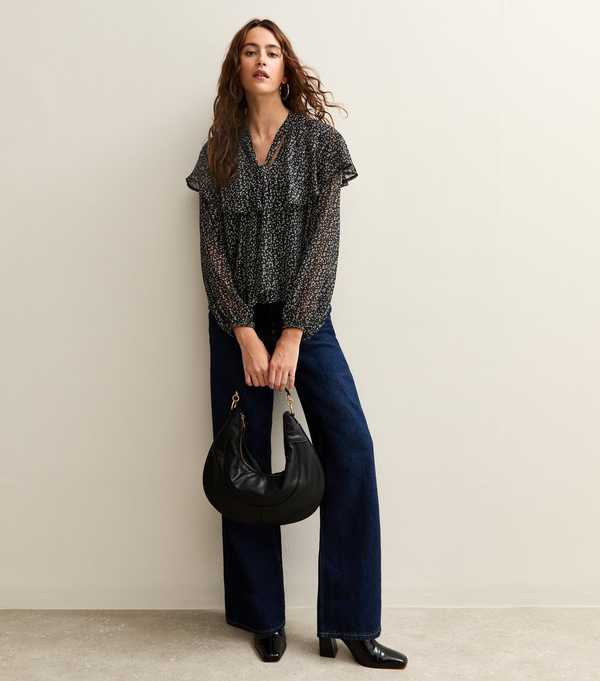 New Look Black Ditsy Floral Print Tie Neck Blouse