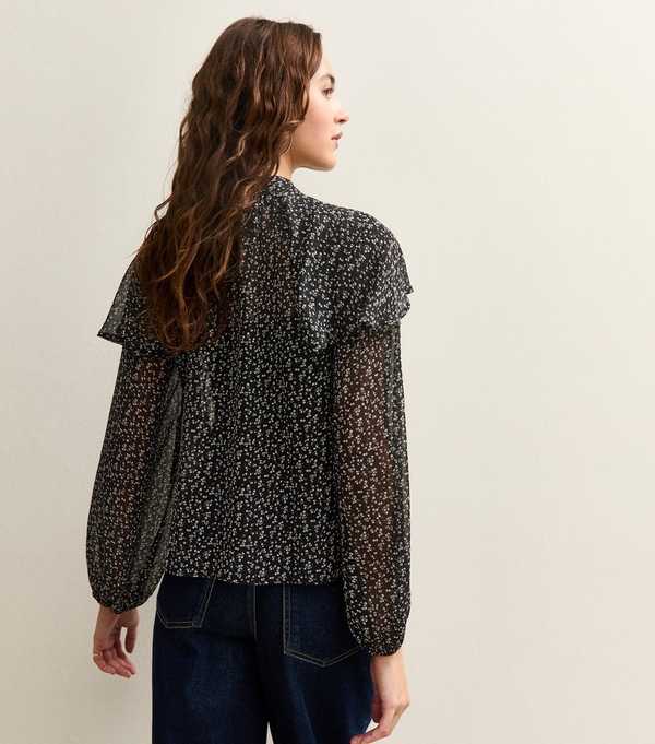 New Look Black Ditsy Floral Print Tie Neck Blouse