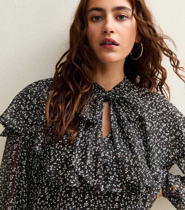 new look Black Ditsy Floral Print Tie Neck Blouse