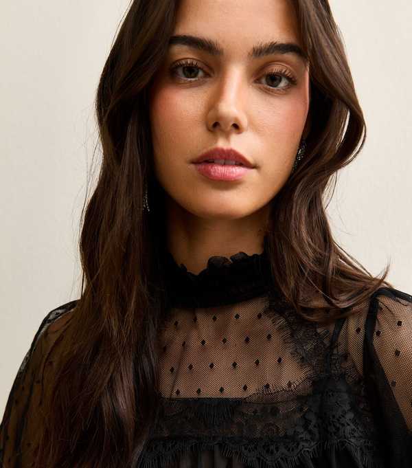 New Look Black Dobby Mesh High Neck Blouse