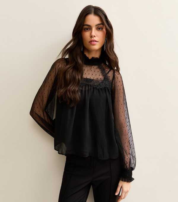 new look Black Dobby Mesh High Neck Blouse