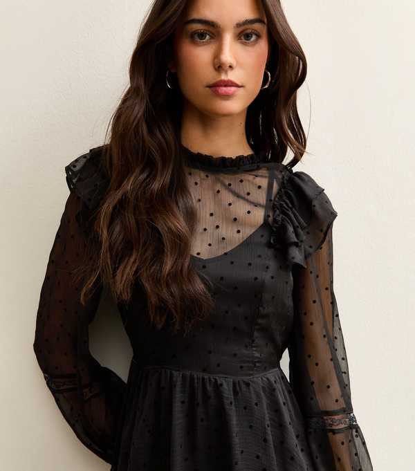 New Look Black Dobby Ruffle Long Sleeve Mini Dress