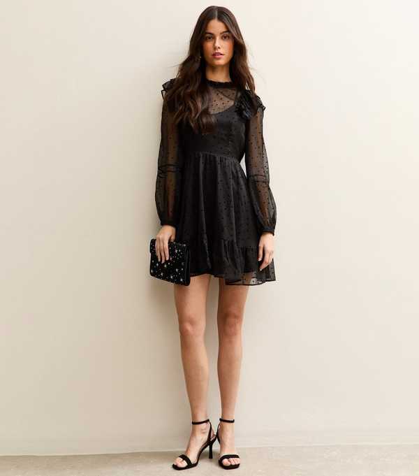 New Look Black Dobby Ruffle Long Sleeve Mini Dress
