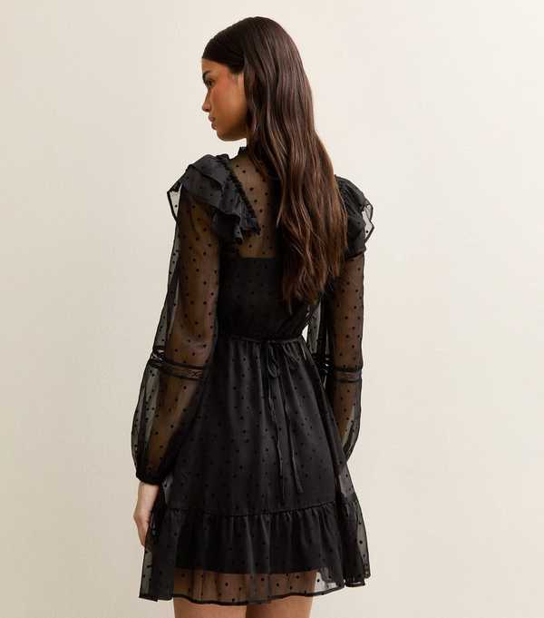 New Look Black Dobby Ruffle Long Sleeve Mini Dress