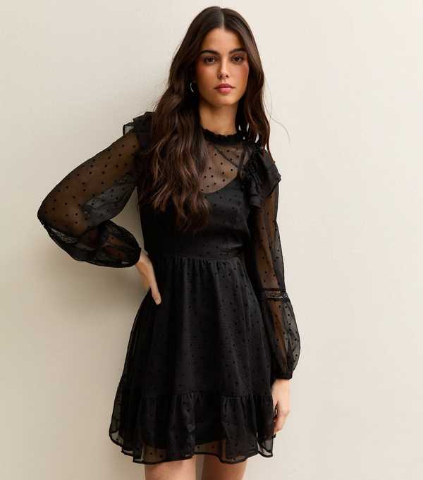 new look Black Dobby Ruffle Long Sleeve Mini Dress