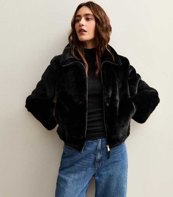 New Look Black Faux Fur Bomber Jacket