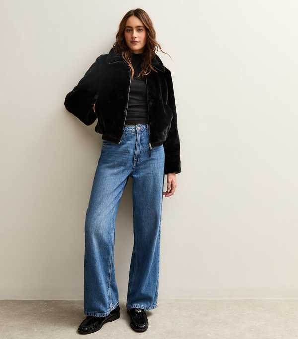 New Look Black Faux Fur Bomber Jacket