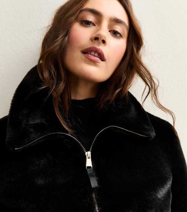 new look Black Faux Fur Bomber Jacket