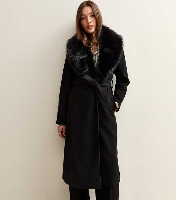 New Look Black Faux Fur Collar Wrap Coat