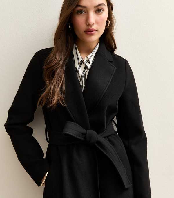 New Look Black Faux Fur Collar Wrap Coat