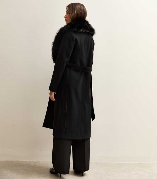 New Look Black Faux Fur Collar Wrap Coat
