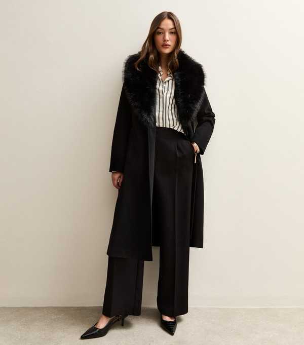 new look Black Faux Fur Collar Wrap Coat