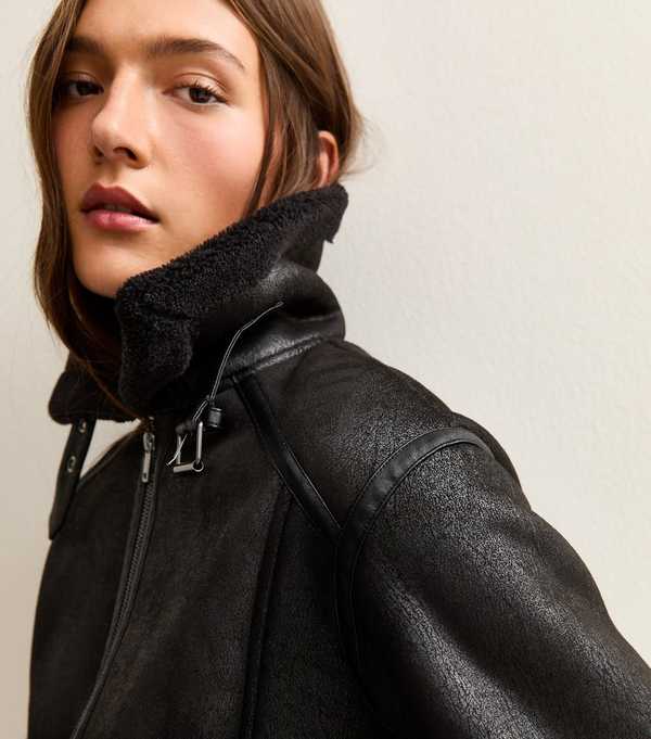 New Look Black Faux Suede Cropped Aviator Jacket