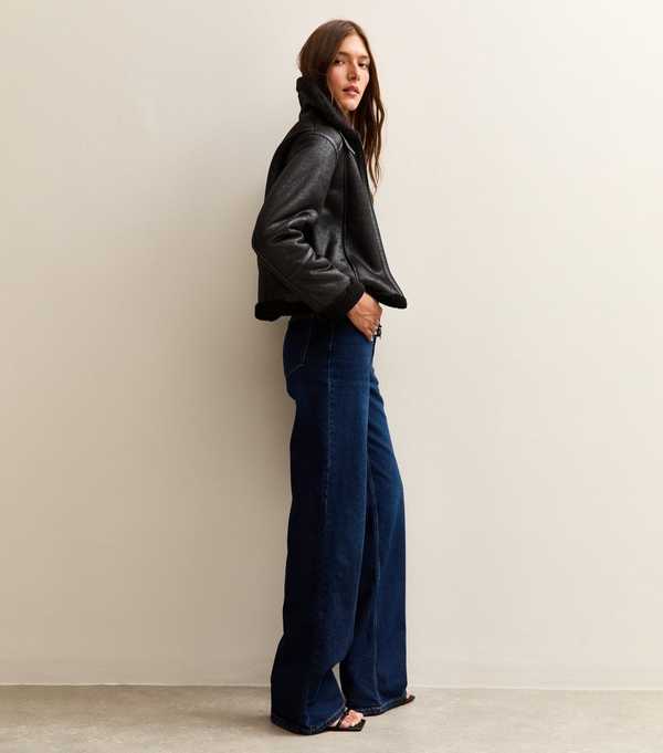 New Look Black Faux Suede Cropped Aviator Jacket