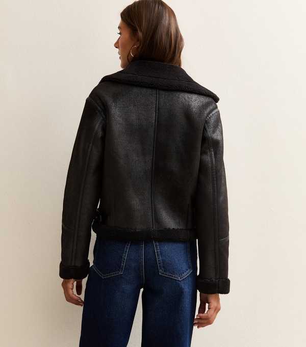 New Look Black Faux Suede Cropped Aviator Jacket