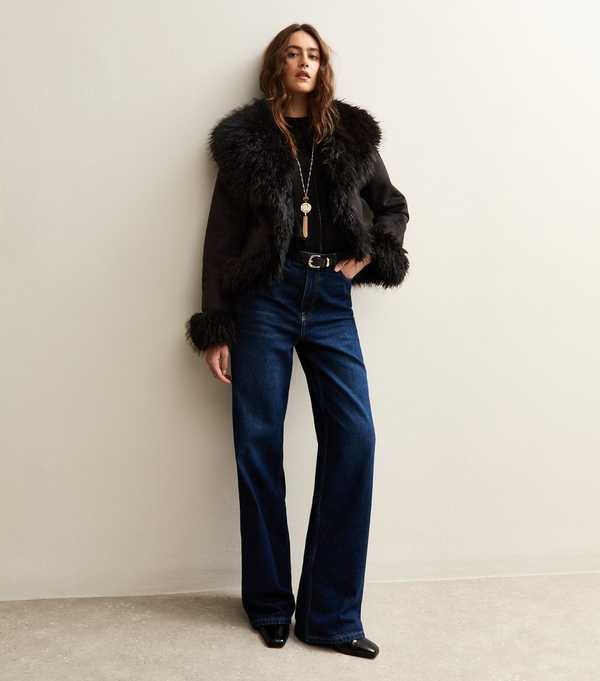 New Look Black Faux Suede Fur Trimmed Jacket