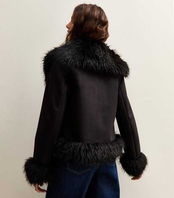 New Look Black Faux Suede Fur Trimmed Jacket