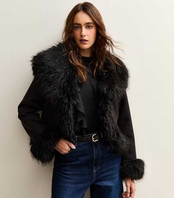 new look Black Faux Suede Fur Trimmed Jacket