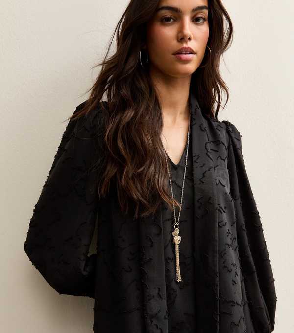 New Look Black Floral Burnout Pussybow Mini Dress