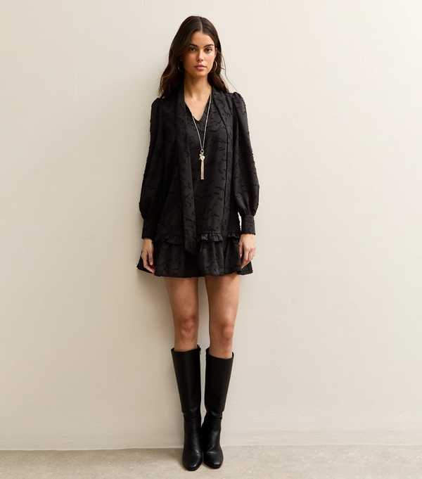 New Look Black Floral Burnout Pussybow Mini Dress