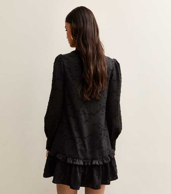 New Look Black Floral Burnout Pussybow Mini Dress
