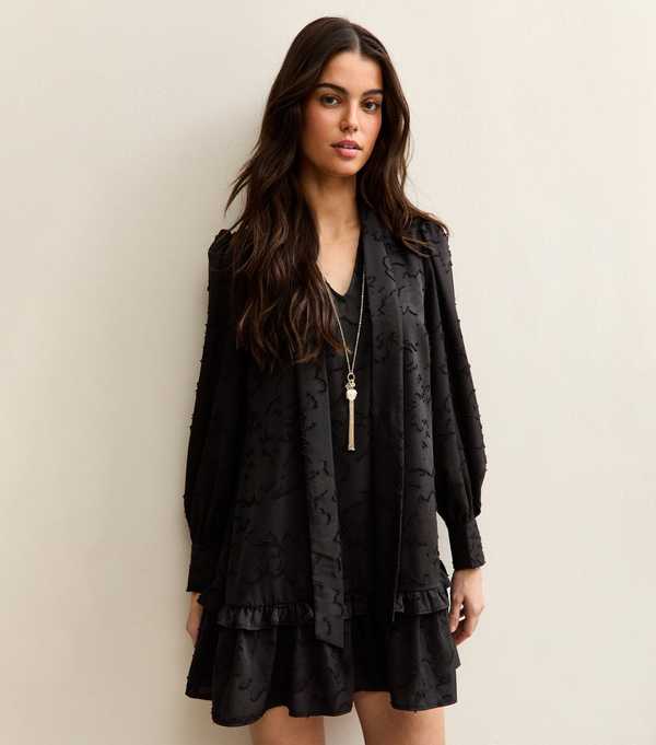 new look Black Floral Burnout Pussybow Mini Dress