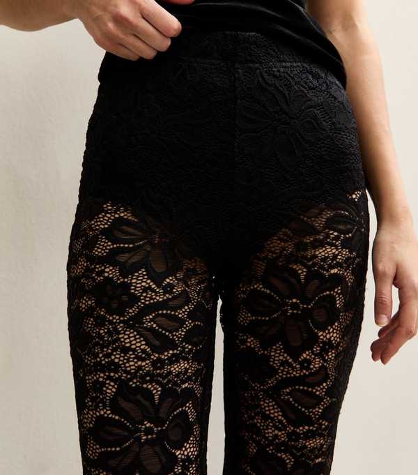 New Look Black Floral Lace Flared Trousers
