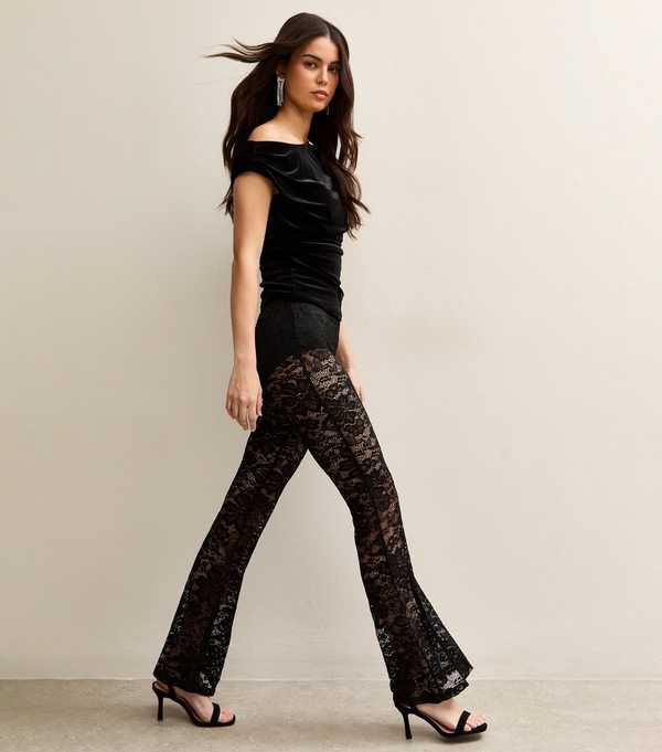 new look Black Floral Lace Flared Trousers