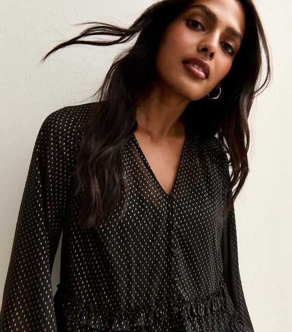 New Look Black Gold Pattern Long Sleeve Blouse