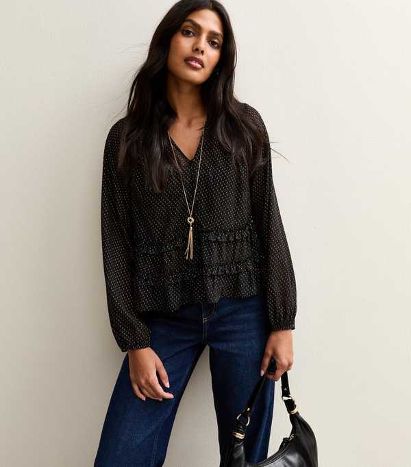 new look Black Gold Pattern Long Sleeve Blouse