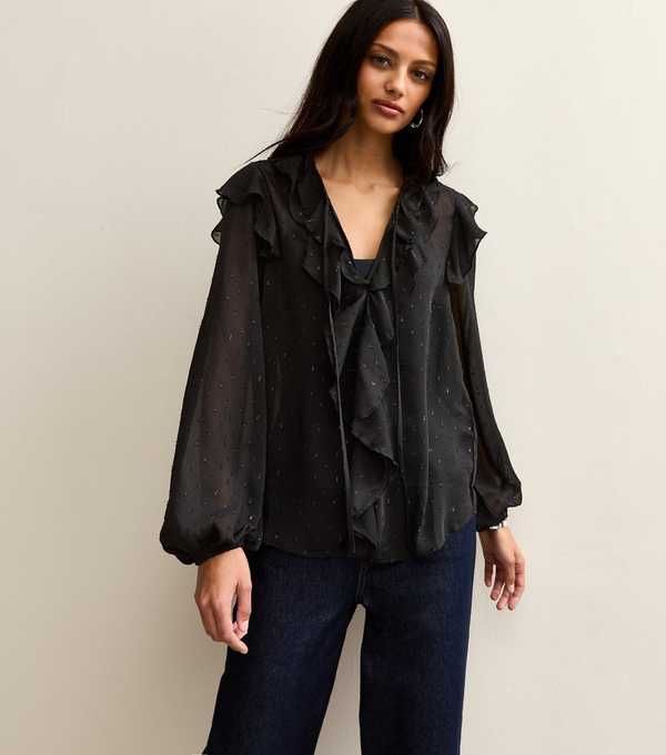 New Look Black Metallic Spot Frilly Trimmed Blouse