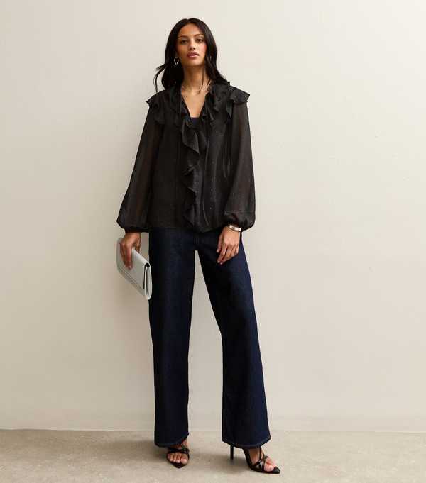 New Look Black Metallic Spot Frilly Trimmed Blouse