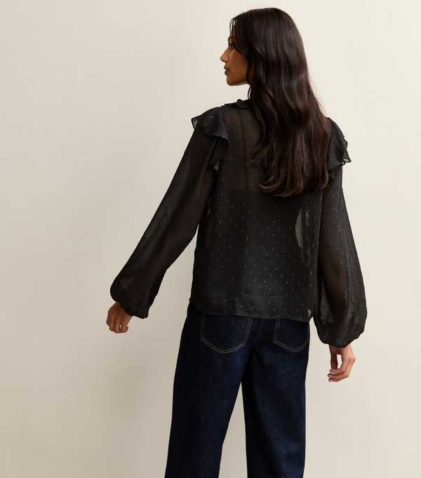 New Look Black Metallic Spot Frilly Trimmed Blouse