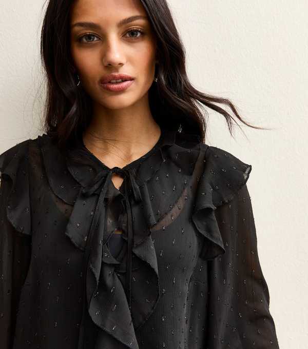 new look Black Metallic Spot Frilly Trimmed Blouse