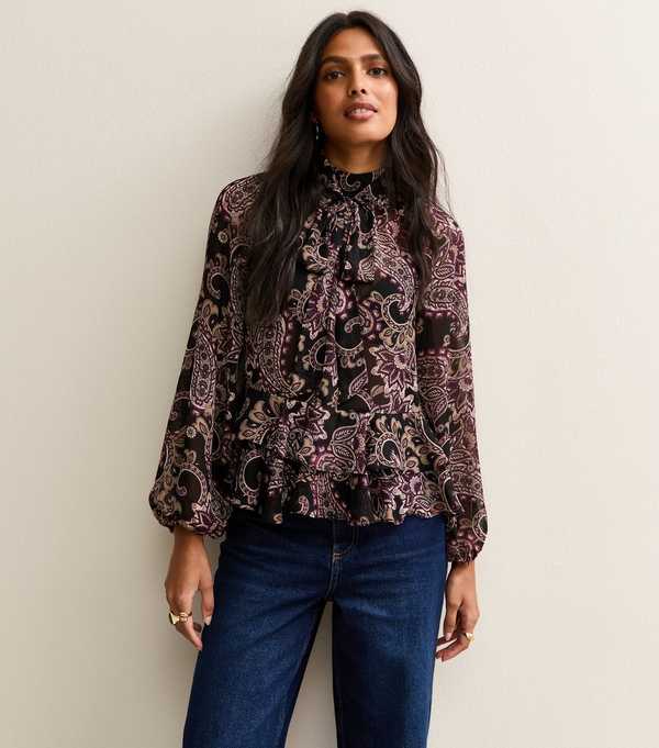 New Look Black Paisley Long Sleeve Blouse